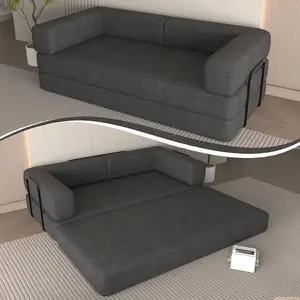 Convertible Sleeper Sofa Bed with Cylindrical Pillow, Corduroy Floor Sofa with Folding Memory Foam Mattress, 3-in-1 Lounge Couch Bed with Removable Back, Compressed Fold Out Couch for Living Room, Bedroom, Apartment (Grey)