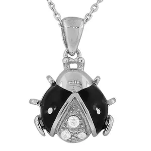 925 Sterling Silver Black Enamel Ladybug CZ Womens Pendant Necklace