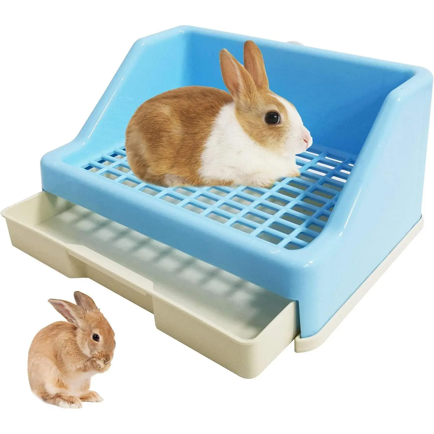 Blue Plastic Small Animal Litter Box Trainer with Drawer System, Mesh, Stain & Odor Resistant Pan – Bunny Pet Cage Corner Toilet for Cleaner Space, Urine Splashing Prevention