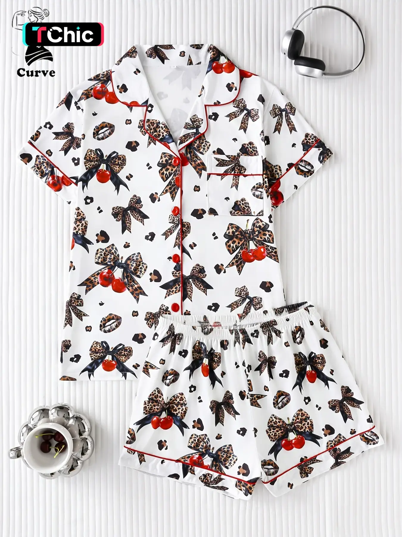 Cute Fashion Leopard Animal Print Plus Size Women's Pajamas Set, Soft and Smooth Fabric, Loose Fit Button-Up Short Sleeve Top and Shorts, Fun Sleepwear