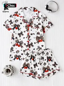Cute Animal Print Plus Size Women's Pajamas Set, Soft and Smooth Fabric, Loose Fit Button-Up Short Sleeve Top and Shorts, Fun Sleepwear