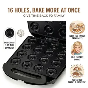 16 Mini Donut Maker Machine, 1000W Double-Sided Heating Non-Stick Donut Press, Makes 16 Doughnuts in Minutes, Perfect for Breakfast, Snacks, Parties, Home Kitchen Use, 1.93'' Mini Donuts pancake