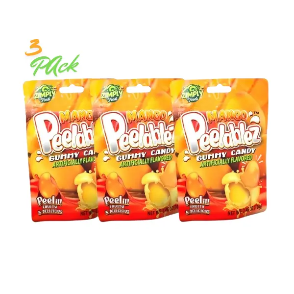 Peelablez Mango Fruit Candy - 3-Pack Resealable 2.46 Oz Chewy Gummy Sweets, 4D Fun Shapes & Textures, Real Mango Flavor ASMR Food Sweet Snack
