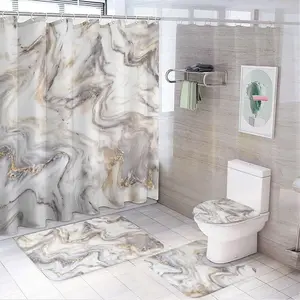 Marble Pattern Bathroom Accessories, 4 Counts/set Including 1 Shower Curtain with 12 Hooks & 1 Toilet Lid Cover & 1 Rectangular Mat & 1 U-shaped Mat