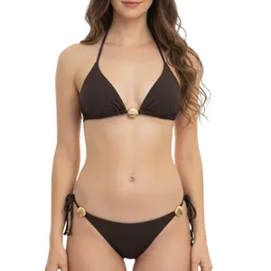 Women's Brown Bikini Set Gold Seashell Hardware Halter Triangle Two Piece Swimsuit Push Up Bathing Suit Side Tie Cheeky Bottom Holiday Beachwear