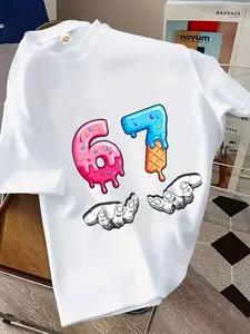 Summer Boys' Versatile Short Sleeve T-Shirt, Creative Cookie Donut Number Pattern Design, Casual Outdoor Wear, Short Sleeve Tee