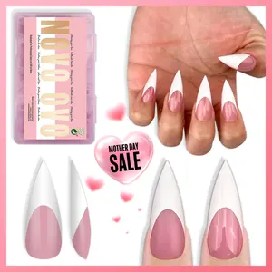 NOVO OVO White French Tip Sharp Stiletto Pointed Medium Long Nail Tips Press on Berry Pink,Soft Gel Fake Acrylic Extension, Full Cover False Nails for Salon DIY x 16 Sizes 160 pcs【NO GLUE ,TOP COATAND LAMP INCLUDED】