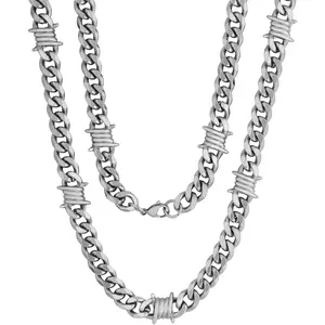 Silver-tone Barbed Wire Cuban Chain Necklace 16/18/20 in, Gothic Emo Punk Grunge Necklace, Goth Jewelry, Christmas Jewelry Gift for Women