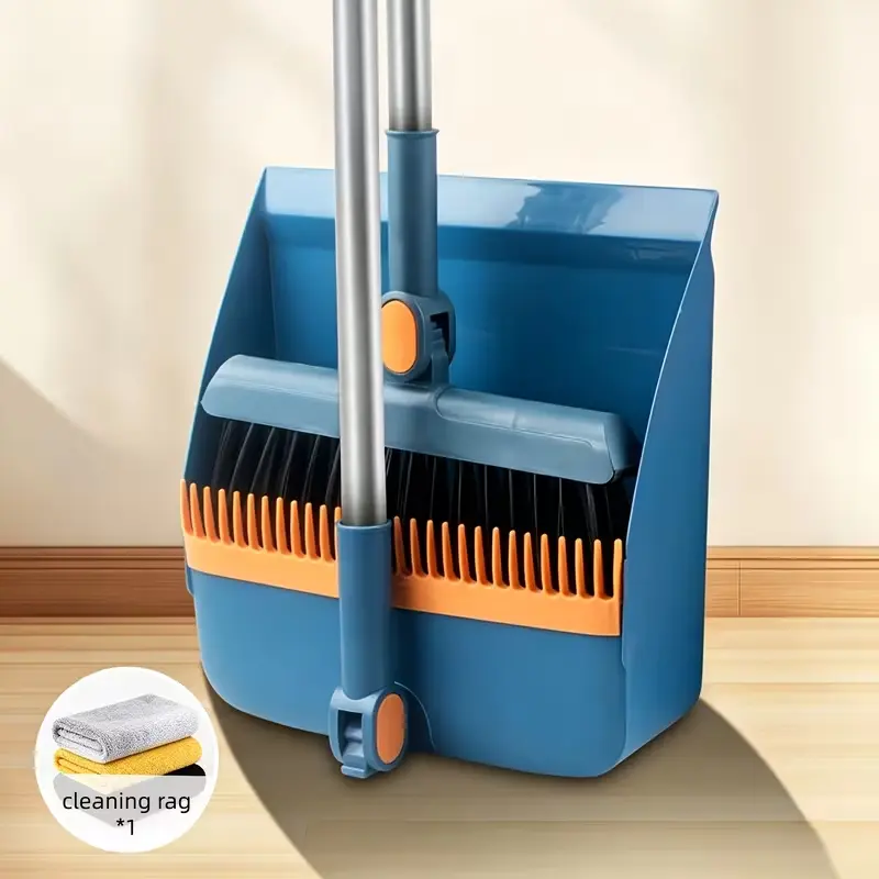 2-in-1 Broom and Dustpan Set, Long Handle Upright Floor Sweeper, Self-Cleaning Dustpan with Garbage Bag Holder for Indoor & Outdoor Cleaning