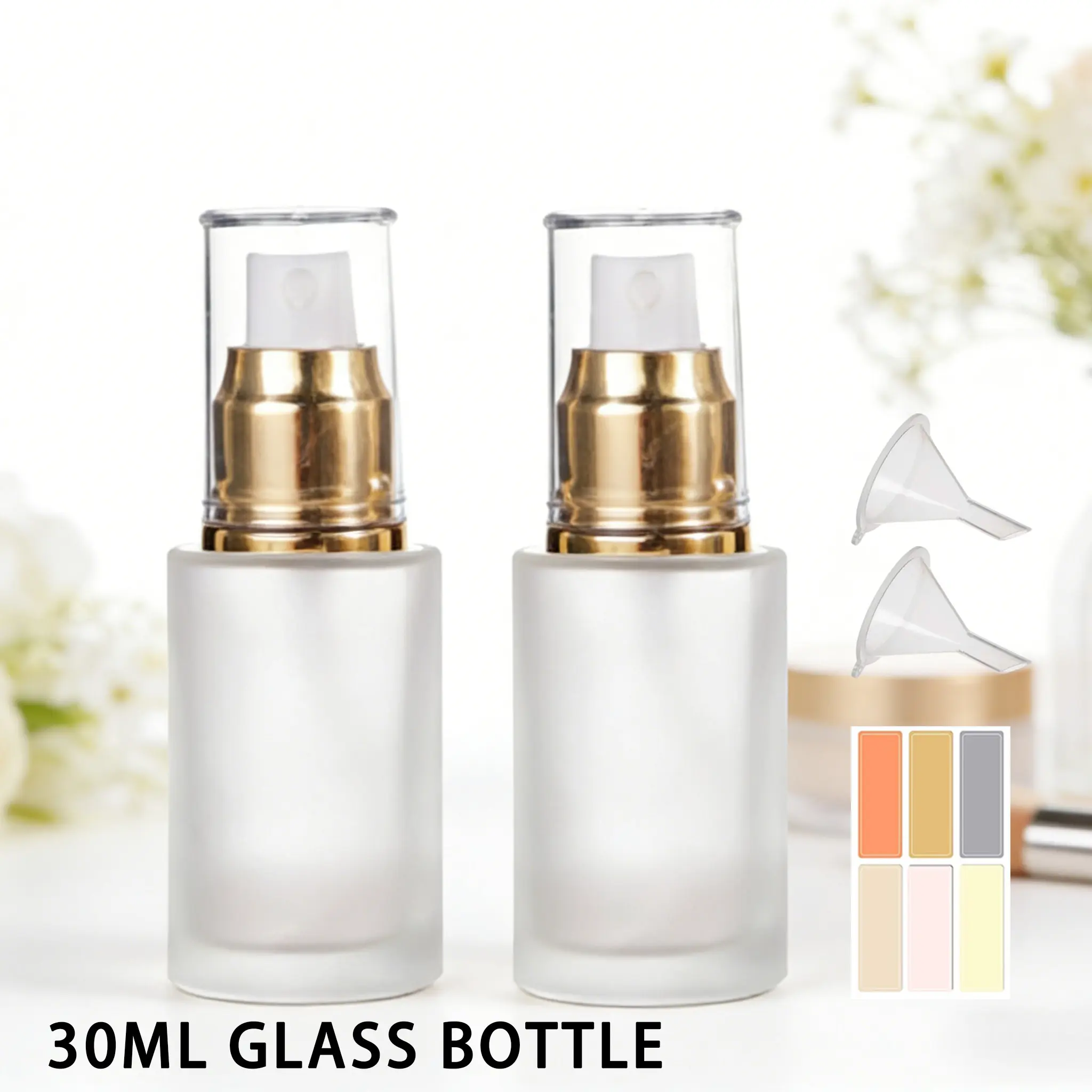 2 Pack 30ML Refillable Frosting Glass Spray Bottles, Pump Sprayers, Includes Funnel & Labels, Leak Proof Travel Containers