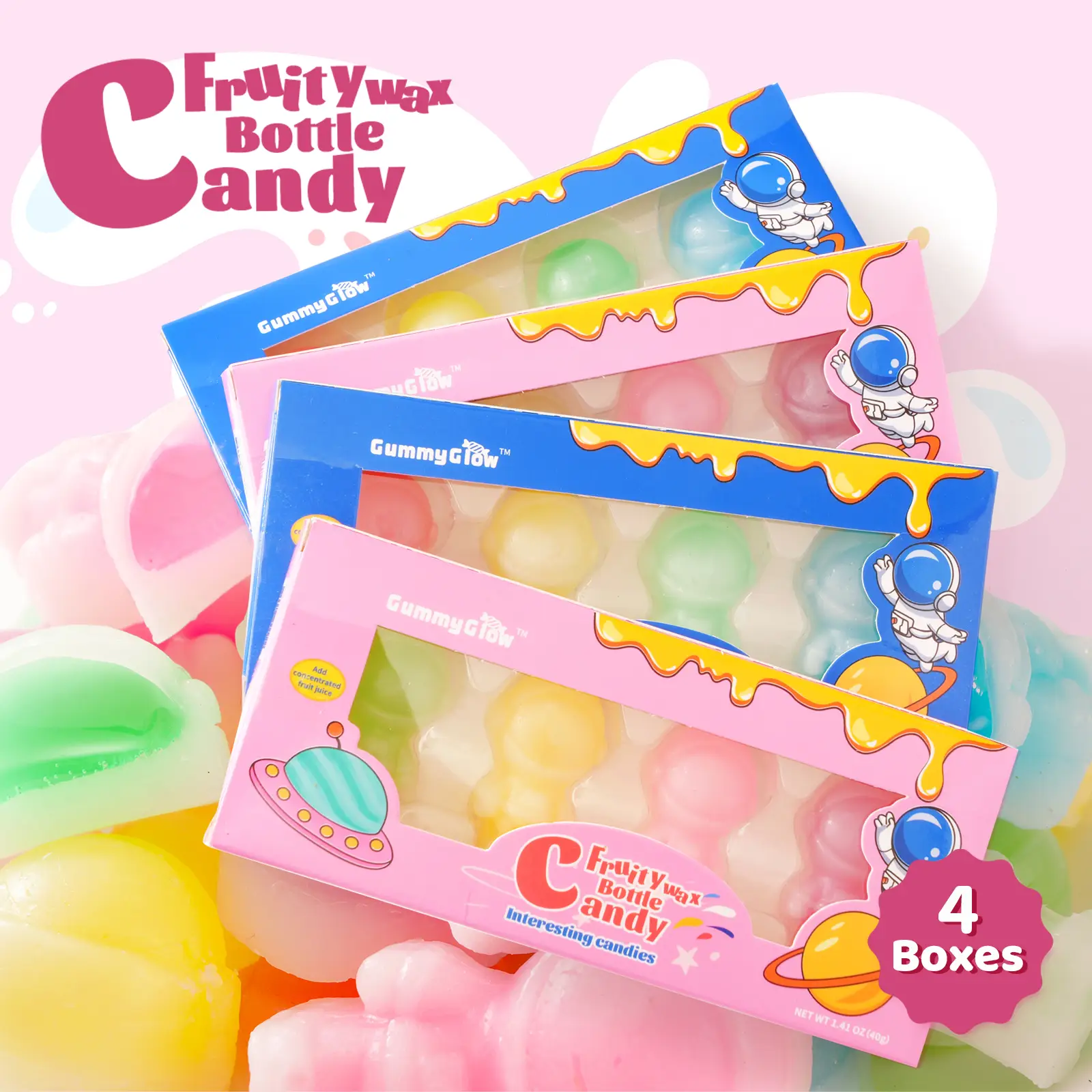 【FallFreshness】 Astronaut Wax Bottle Candy – 8 Fruity Flavors! 4 Boxes Oodles WaxCandy Drinks Filled with Flavored Syrups (Green Apple/Blueberry/Stra