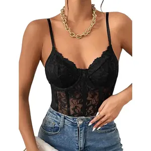 Women's Sexy Floral Lace Sheer Mesh Corset Bodysuit Spaghetti Strap Cami Tops Going Out