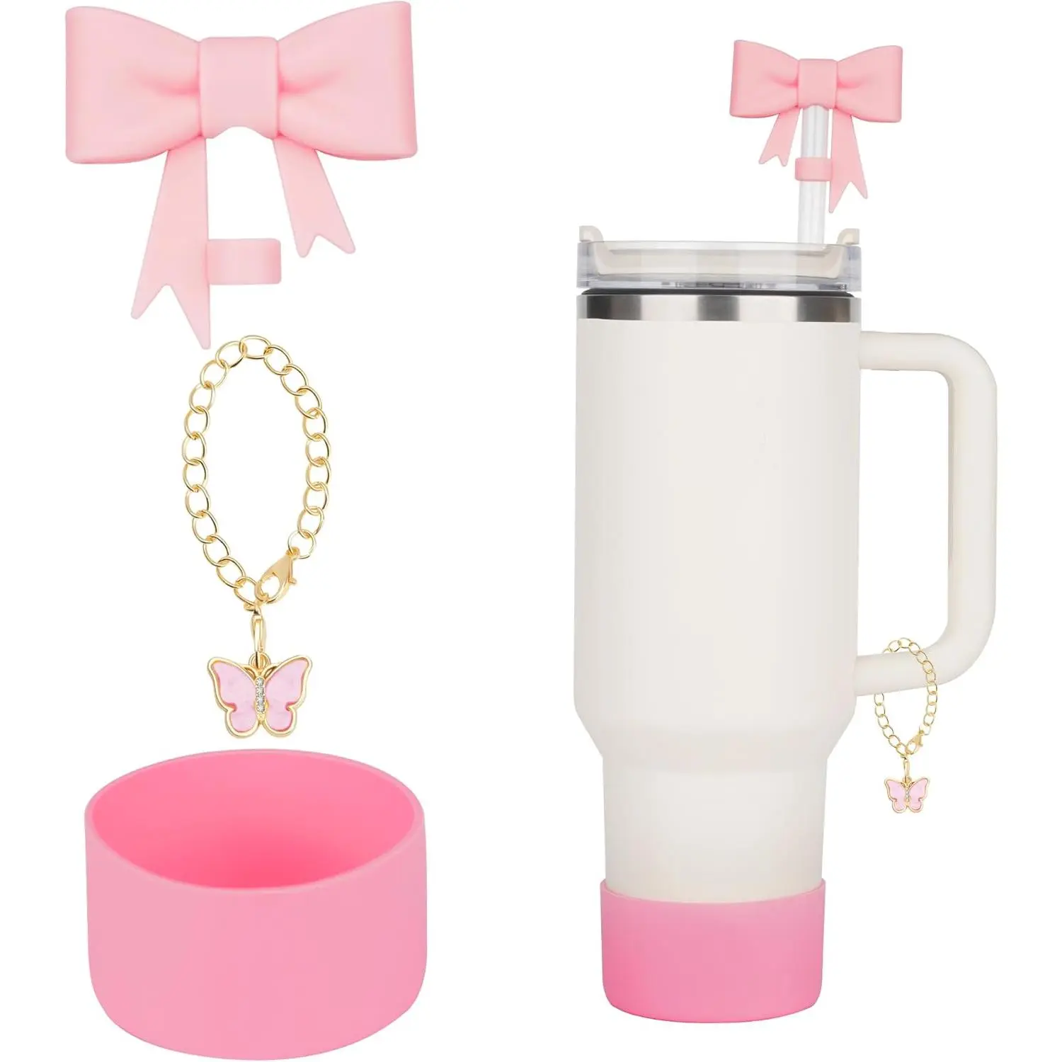 3 count Bow Straw Cover Set For  Cup: Cute Bow Straw Cover,  Boot, Charm Chain for 30/40 OZ Tumbler with Handle-Pink