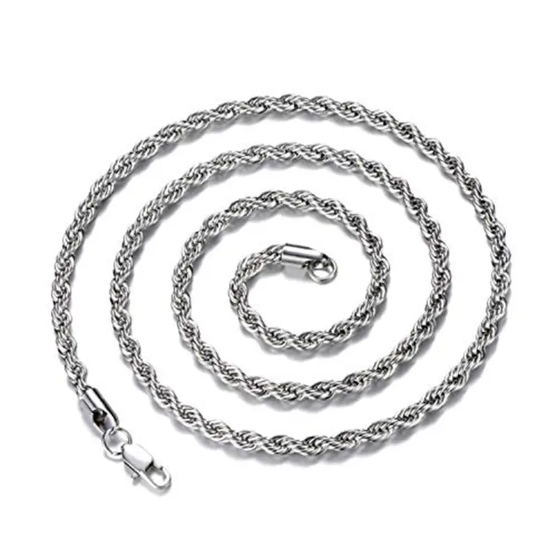 3MM 4MM 5MM steel color stainless steel twist rope chain necklace, suitable for men and women, 18-24 inch necklace