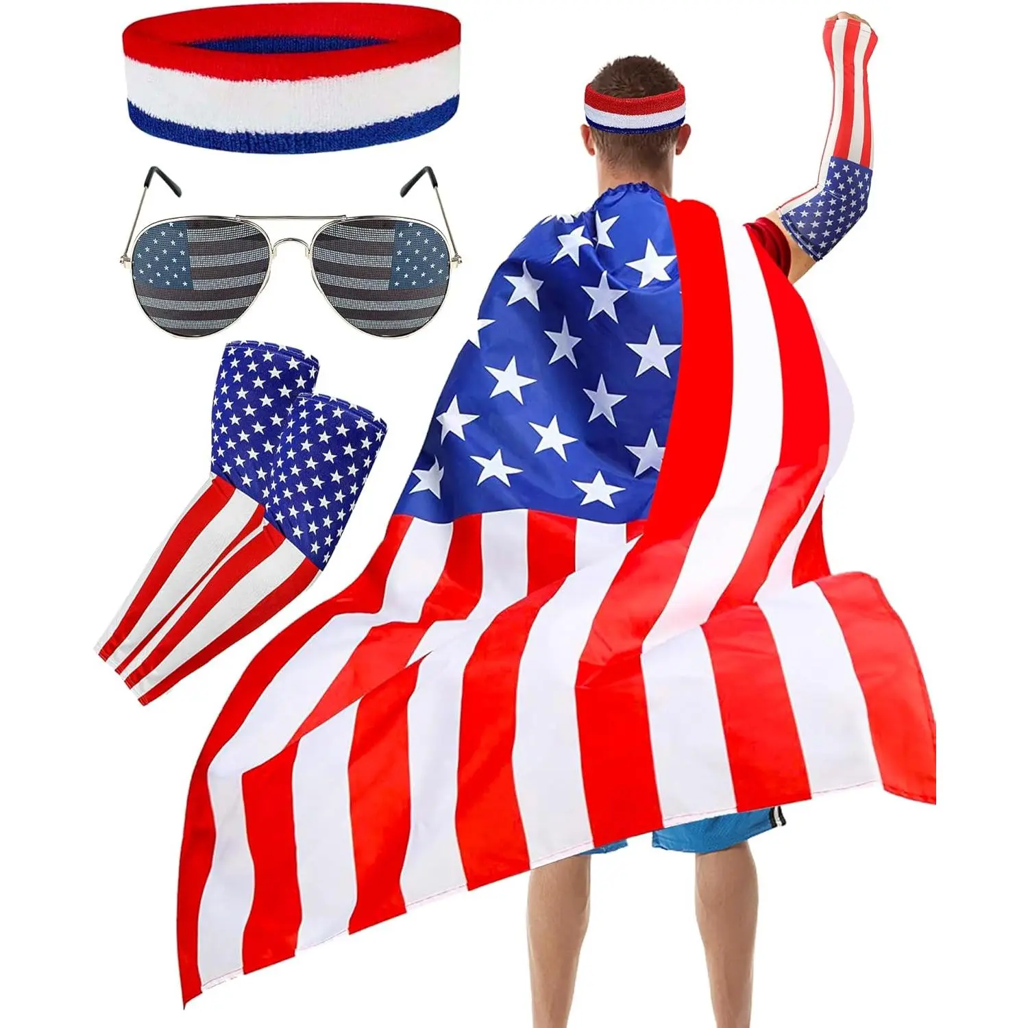 250 Year American Flag Costume Cape, Retro 80's USA Patriotic Flag Cloak Set for Adult 4th of July Independence Day Celebration Halloween Party Accessories