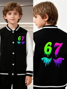 Fluorescent 67 Ghost Hand Printed Boys' And Girls' Spring/Autumn New Style Cool Baseball Jacket Sweater Coat, Fashionable, Casual, Comfortable, Daily Outdoor Versatile Top, Ideal Gift Choice