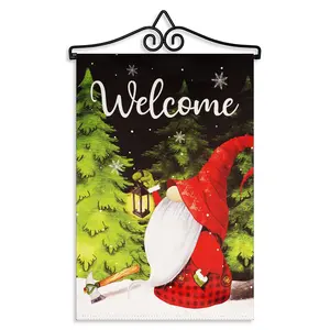 G128 Combo Pack Garden Flag Hanger 14IN & Garden Flag Welcome Festive Gnome with Lantern 12x18IN Printed Double Sided Blockout Fabric