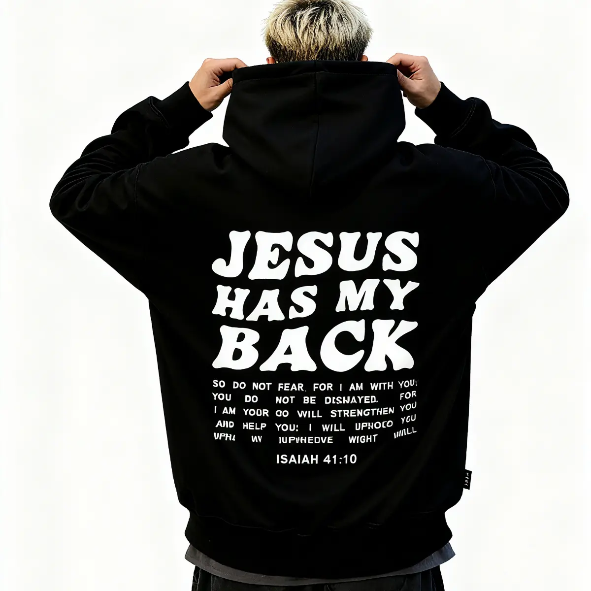 Faith-Driven Style! Black Hoodie with 'JESUS HAS MY BACK' Text and Bible Verse, Spiritual Inspiration Apparel, Christian Hoodie, Inspirational Sweatshirt, Religious Clothing, Comfortable Cotton, Trendy Faith Gear, Faith-Based Fashion, Unisex Hoodie