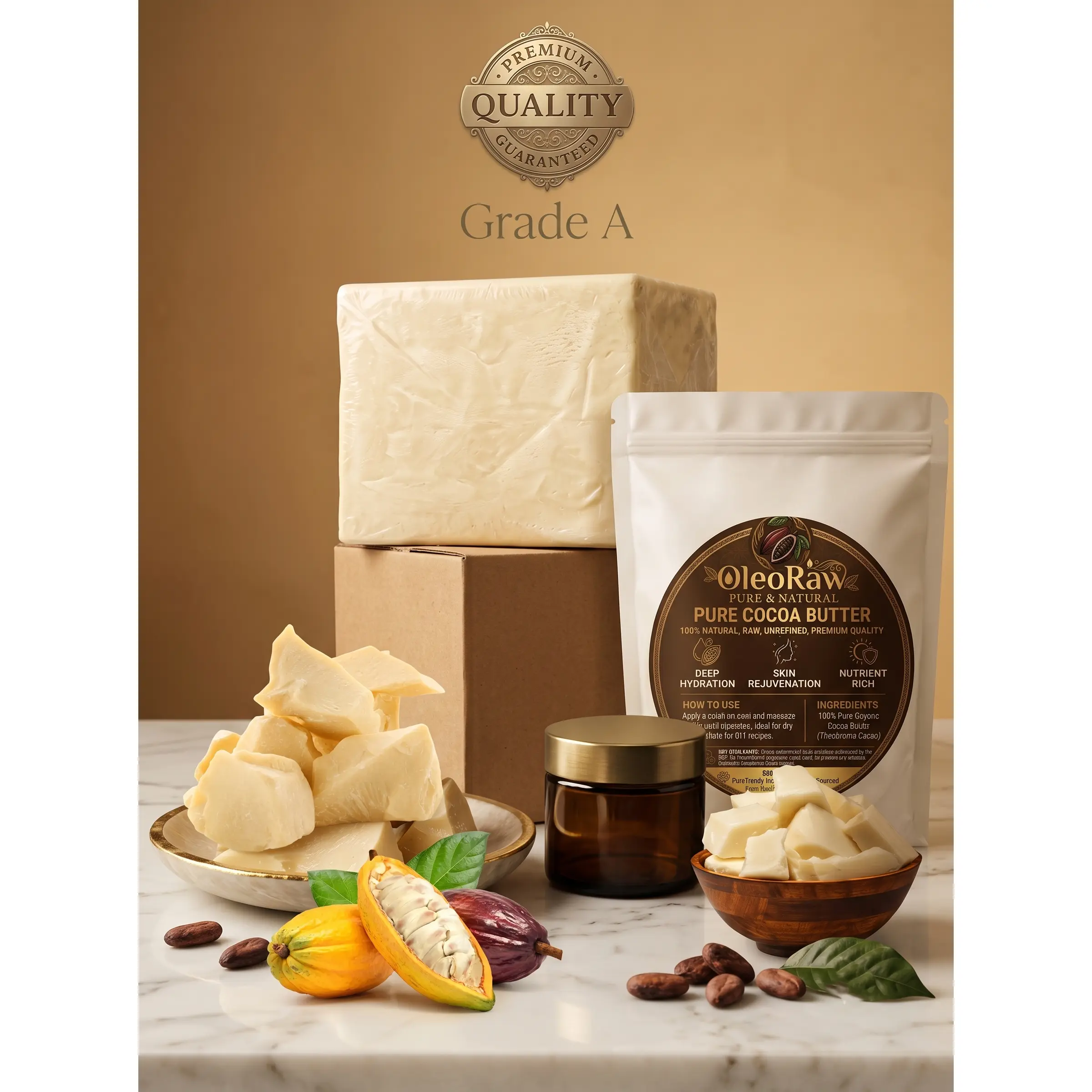 100% Pure Organic Premium Unrefined Cocoa Butter - Hydrating Body Care Moisturizer, Cosmetic Base for DIY Skin Repair, Lip Balms