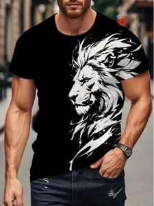 New Lion 3D Print Casual Streetwear Short Sleeve Round Neck T-Shirt, Animal Graphic Tee, Outdoor Men's Clothing, Fitted Long Style, All Seasons Wear, Top, Menswear