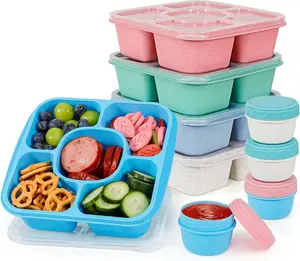 5 Pack Bento Snack Boxes with 5 Compartments & 4 Leakproof Sauce Containers - Reusable Lunchable Snack Containers, Divided Stackable for School, Work, and Travel (Classic)