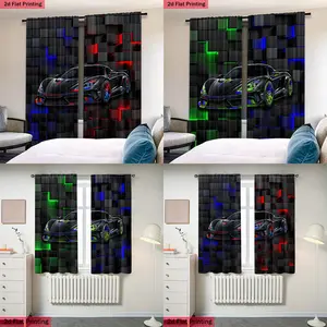 2pcs High-Definition Digital Print Racing X Geometry Blocks Curtains, Polyester Material, Semi-Transparent, Privacy Protection, Washable, Window Curtain