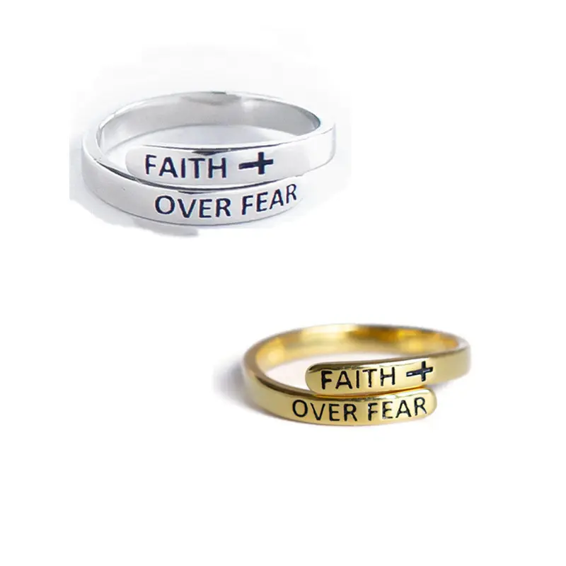 Unisex Cross Motif Ring with Faith Over Fear Inspirational Message, Adjustable Gold/Silver Plain Surface Band for Everyday Wear, Inspiration Message, Round Band