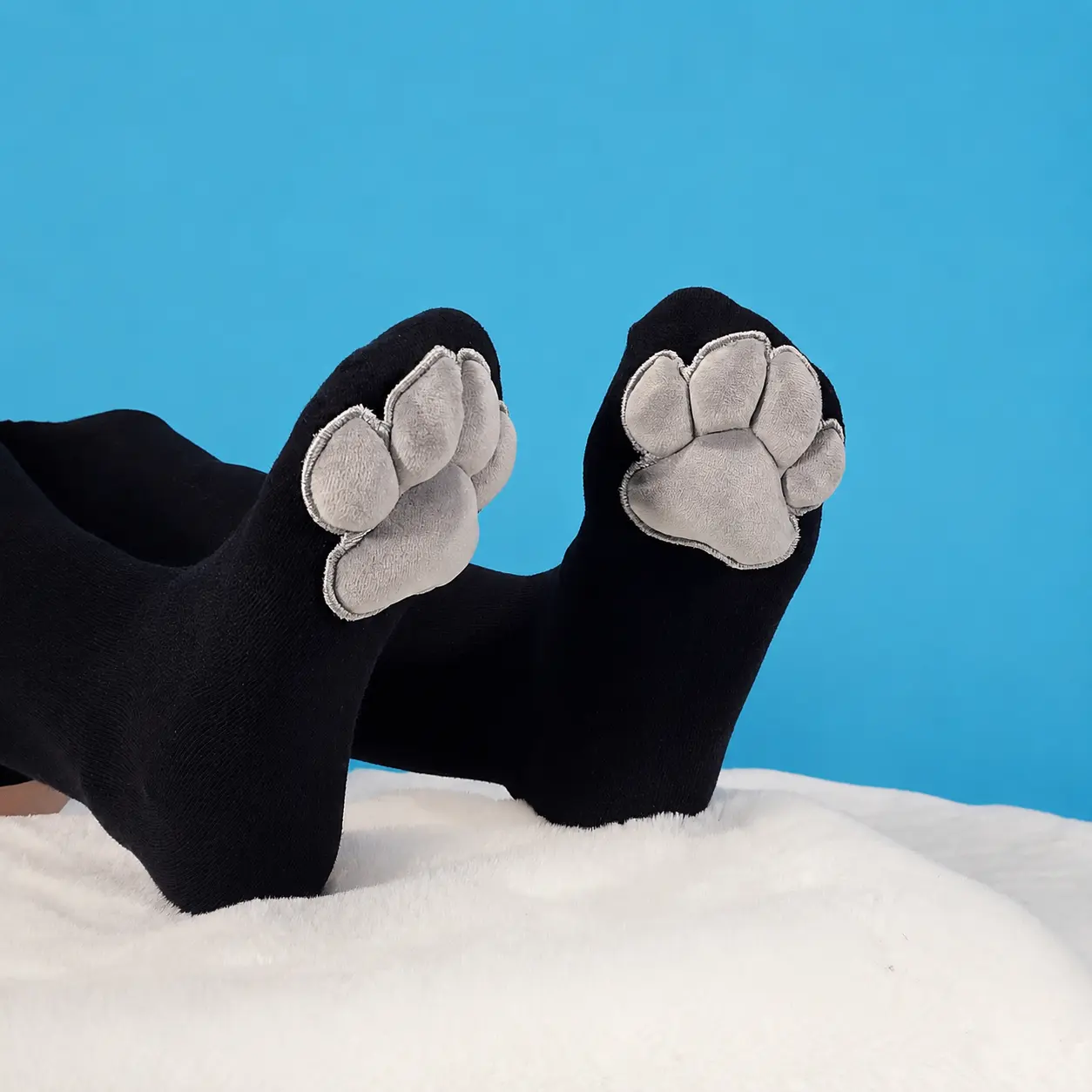 Paw Socks - Plush Grey Pads on Black Thigh Highs