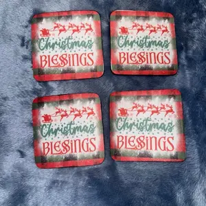 Christmas Blessings Sublimation Coasters Customizable with Festive Plaid Design for Holiday Decor