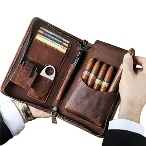 Leather Cigar Case, Cowhide Material Durable Vintage Style, 5 Capacity with Independent Cigar Compartment, Business Travel Outdoor Leisure