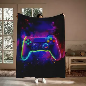 Northern Lights Flannel Graphic Blanket Throw - Neon Gaming Controller Retro PS Rainbow Design, Soft Cozy Warm Nap Blanket for Bedroom, Gaming-Themed Cyberpunk Throw, Cool Gamer Gift for Him/Her, Holiday Present, Graphic Blanket Throws, Gaming-Themed Thro