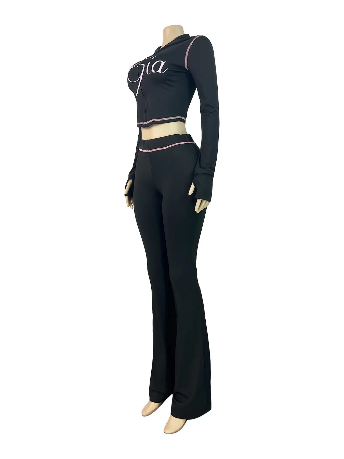 Trendy New Style Solid Color Women's Sexy Straight Shoulder Stitched Two-Piece Long Sleeve Matching Set, Fashionable Casual Outfit Clothes, Fashion Style Sets
