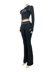 Trendy New Style Solid Color Women's Sexy Straight Shoulder Stitched Two-Piece Long Sleeve Matching Set, Fashionable Casual