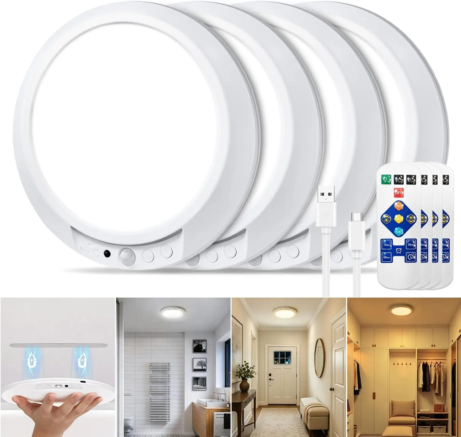 Rechargeable Motion Sensor LED Ceiling Light, Wireless Battery-Operated Flush Mount Lamp with Remote, 3-Color Changing Dimmable Indoor Led Lights for Closet, Hallway (Home Improvement Use)