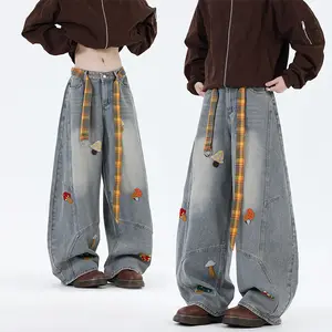 Men’s Spring Autumn Vintage Jeans - American Washed Cotton, Cartoon Chenille Embroidery Curved Wide-Leg Pants Loose Fit Distressed Blue baggy jeans for men skinny jeans jeans pants for men jeans for men pants for men jeans jeans pants for men