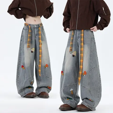Men’s Vintage 90s Retro Aesthetic Denim Jeans - American Washed Cotton, Cartoon Chenille Embroidery, Curved Wide-Leg, Loose Distressed Baggy Cotton Pants for Spring, Autumn Menswear, 90S Retro Men's Jeans, Aesthetic Men's Jeans