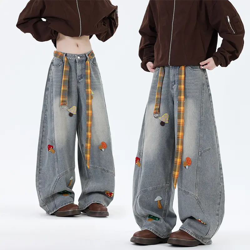 Men’s Spring Autumn Vintage Jeans - American Washed Cotton, Cartoon Chenille Embroidery Curved Wide-Leg Pants Loose Fit Distressed Blue baggy jeans for men skinny jeans jeans pants for men jeans for men pants for men jeans jeans pants for men Blue Casual
