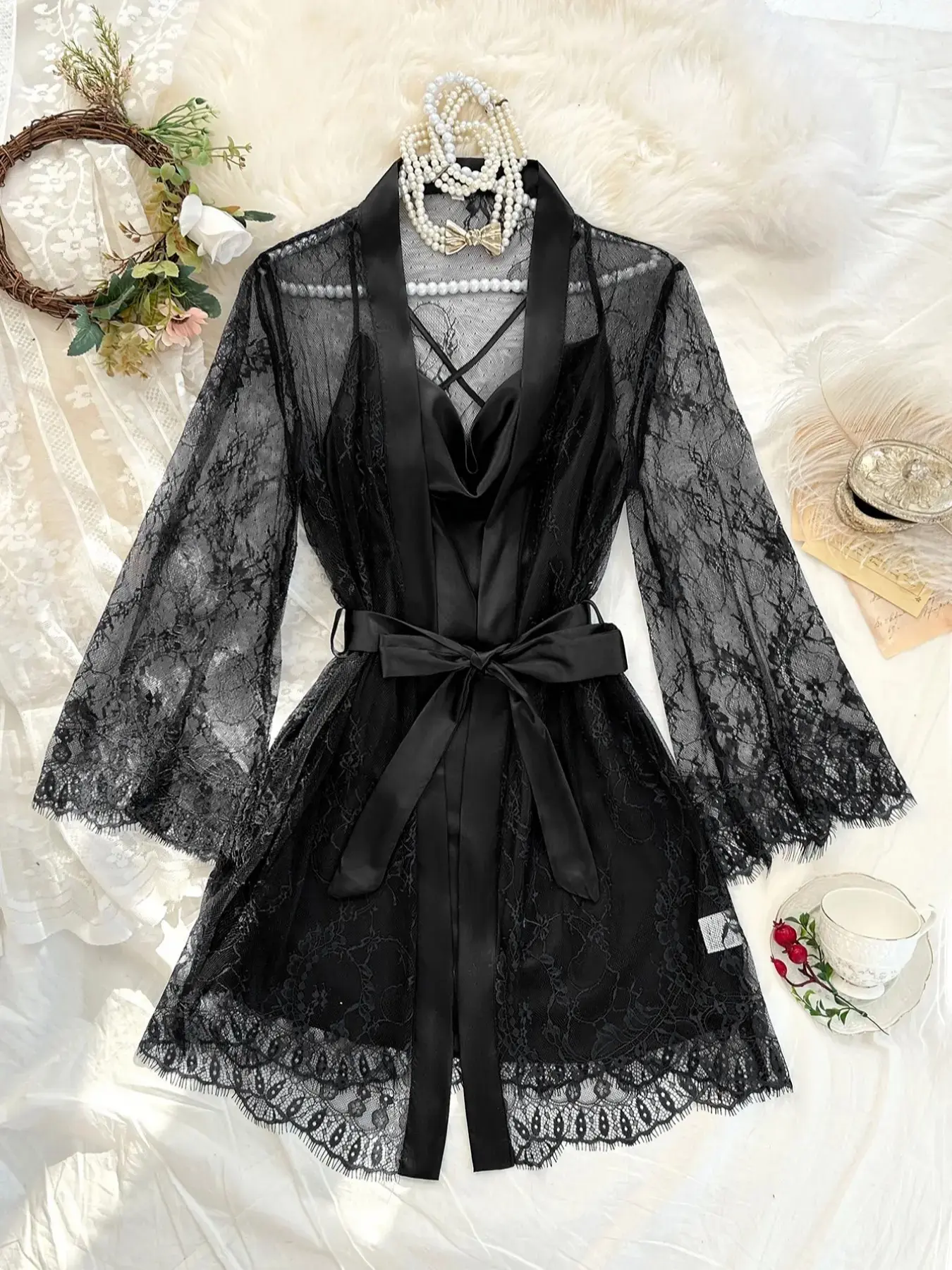 Women's Fashionable Style Sheer Robe Set with Waist Belt, Plain Color Spaghetti Strap Nightgown, 2-Piece Sleepwear Loungewear Collection Outfit
