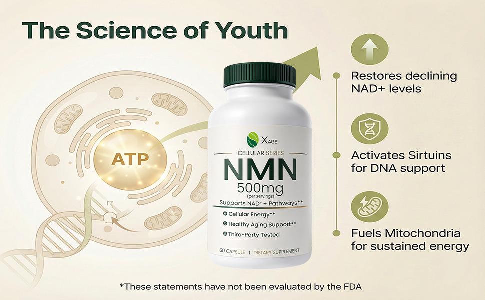 XAGE Cellular NMN 500mg Capsules - Cellular Energy & Healthy Aging Support, Antioxidant Blend