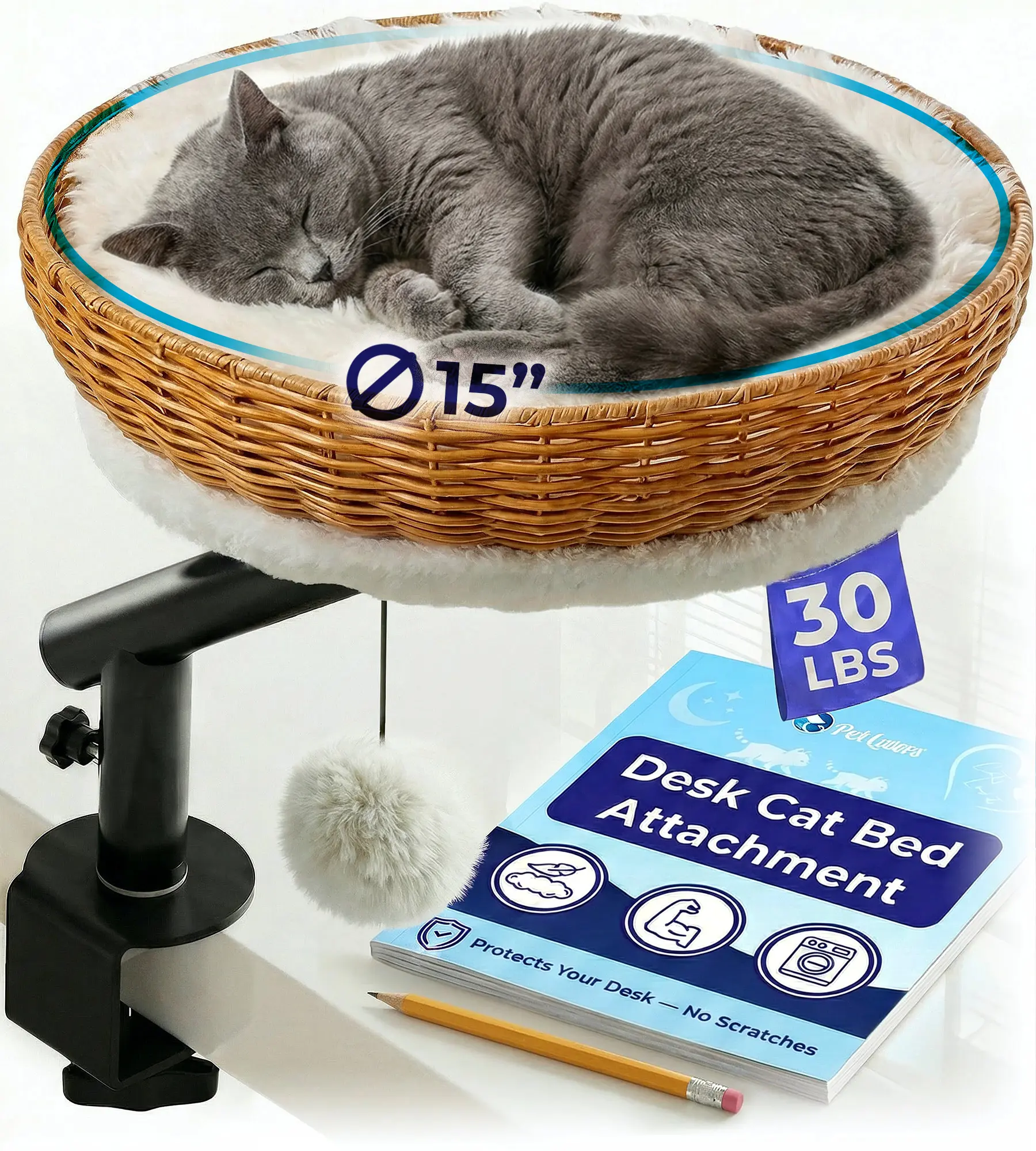 PetLovers Rattan Elevated Desk Cat Bed Attachment - Non-Slip, Sturdy and Stable, 360° Swivel Arm, Secure Clamp, Removable Washable Cushion for Gaming Setup, Home Office, Workspace