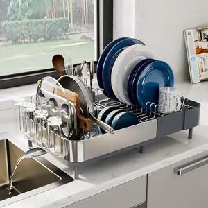 Expandable Dish Drying Rack - Versatile Brackets for Pots & Pans, Space Saving Kitchen Drying Rack, Stainless Steel Organiser with Extendable Spout