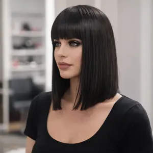Twicebeauty Bob Wig with Bangs Synthetic Hair Short Glueless Wigs Ready to Go Straight Bob Bangs Wig for Women Daily Party Use Natural Black 12 Inches