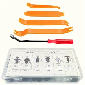 105 piece set of automotive fasteners, including disassembly tools, using universal nylon plastic rivets and buckles, suitable for repairing door panels and vehicle decorative parts