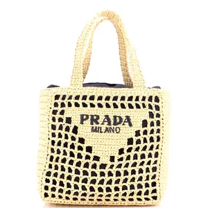 Pre-owned PRADA Raffia Tote Bags Triangle Logo Open Tote Small