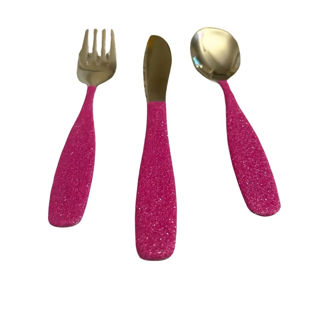 Custom Hot Pink Glitter Children's Stainless Steel Cutlery Set with Fork, Knife and Small Spoon