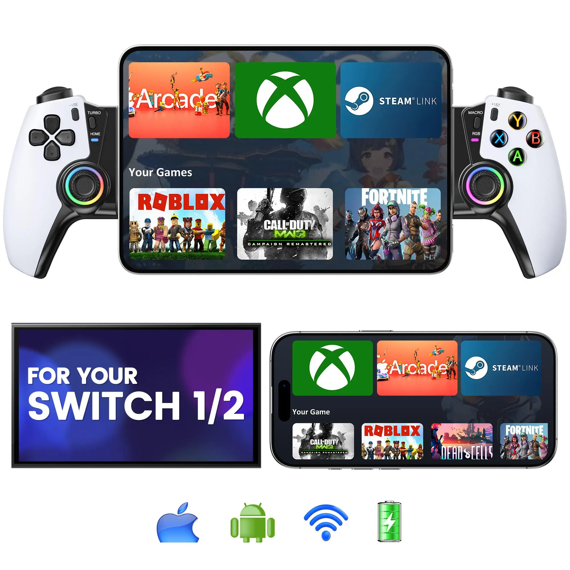 BEBONCOOL Mobile game controller is suitable for iPhone/Android/Switch/Switch OLED. Supports playback with regular phone case, Hall effect rocker and Hall simulation trigger key