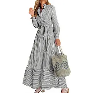 utcoco Women's Casual Striped Button-Down Maxi Dress with Tie Waist & Ruffled Hemline for Summer Beach Vacation