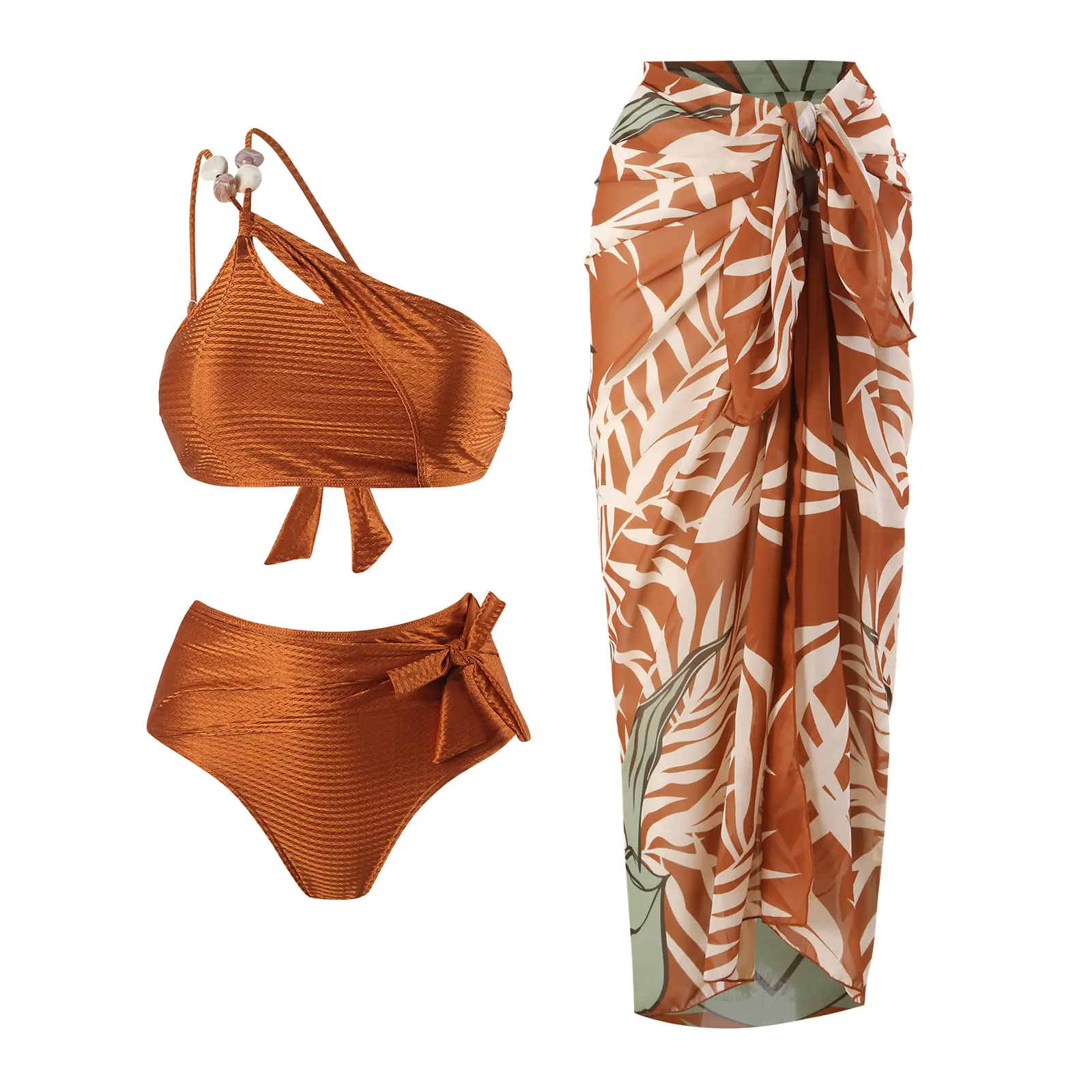 Aprilake Women's Stones Beaded One Shoulder 2 Piece Bikini Set and Printing Sarong Bathing Suits