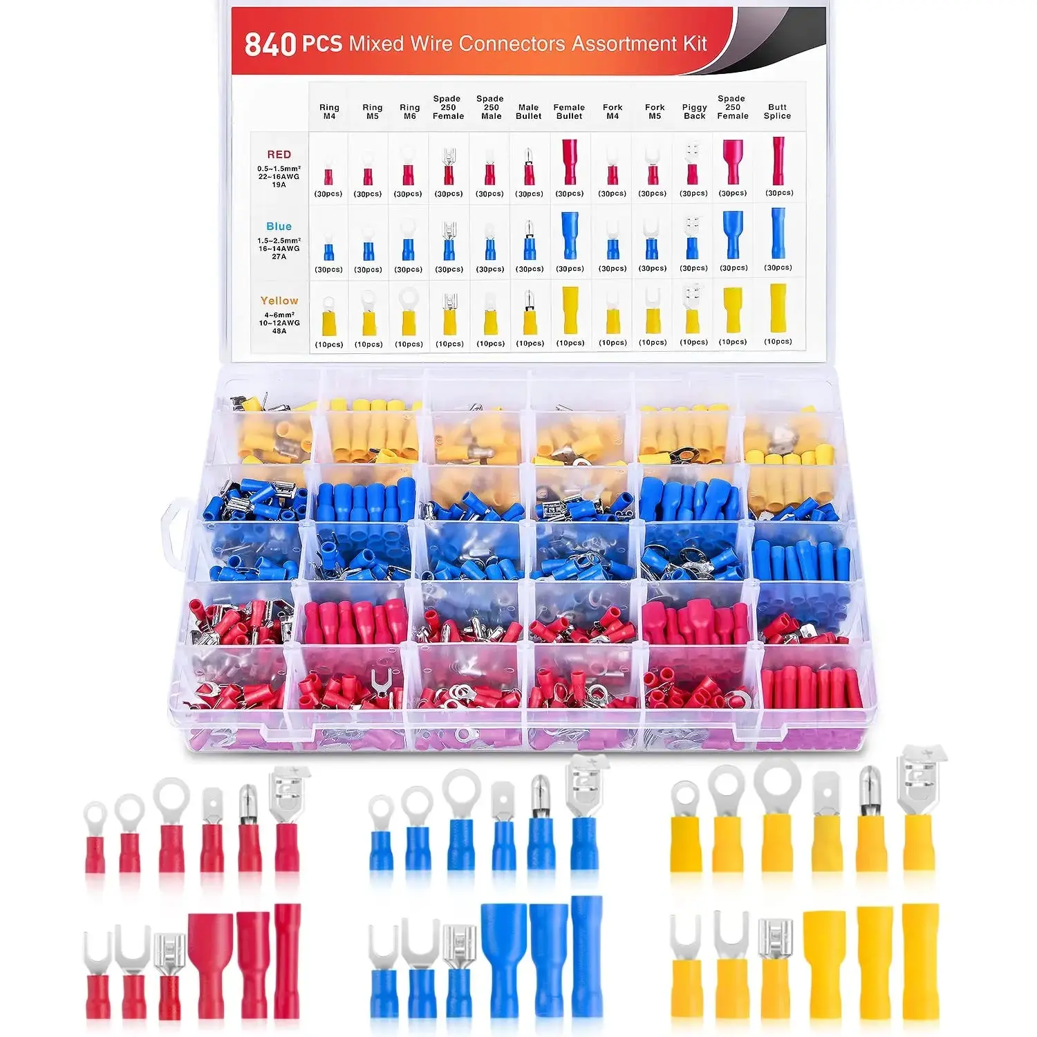 Nilight 840pcs Wiring Connectors Kit - Durable Insulated, Color-Coded Crimp Terminals with 3 Sizes, Butt Terminals for Home Improvement Electrical Equipment & Wiring Projects