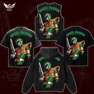 Green Ranger Power Rangers Edition Double Printed Oversize Lightweight Acid Washed Tee TV Series Graphic Design Top Cotton Streetwear Movie T-Shirt Clothes Menswear Womenswear Apparel Classic Seamless